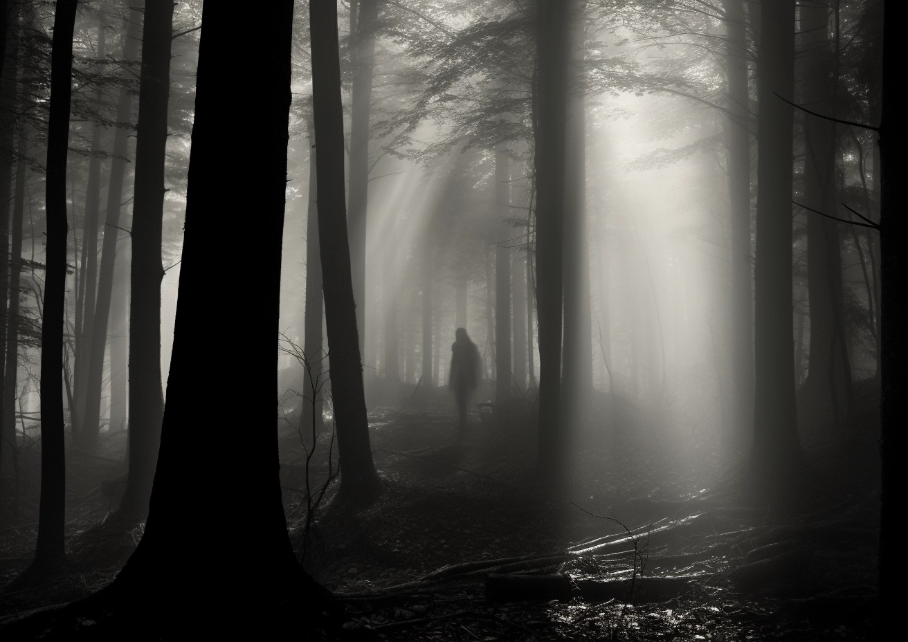 Spookier forest. A human silhouette is seen at a distance