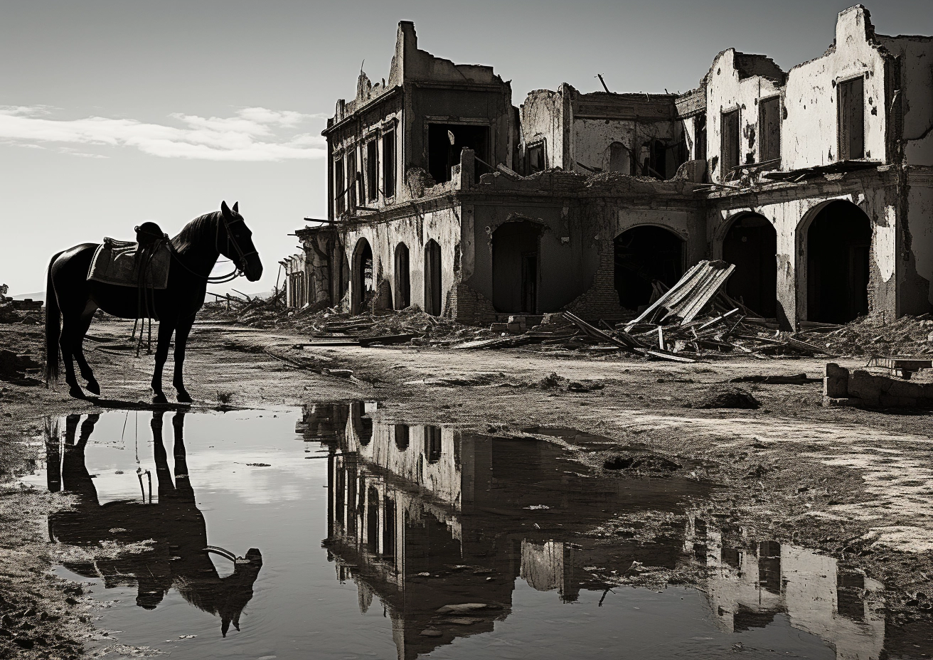 An image of a horse in an old forgotten city