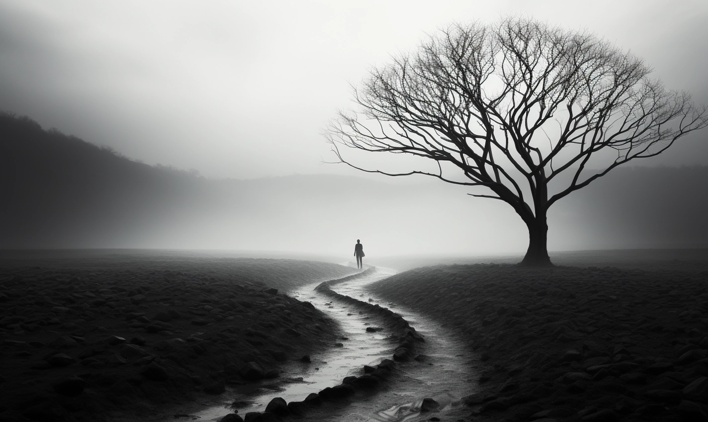 Black and white photo of a sole tree in fog