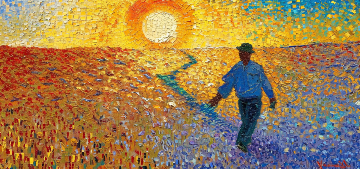 An impressionist-style painting depicting a figure sowing seeds in a field. A symbolism for Matthew Effect in Education.