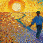 An impressionist-style painting depicting a figure sowing seeds in a field. A symbolism for Matthew Effect in Education.